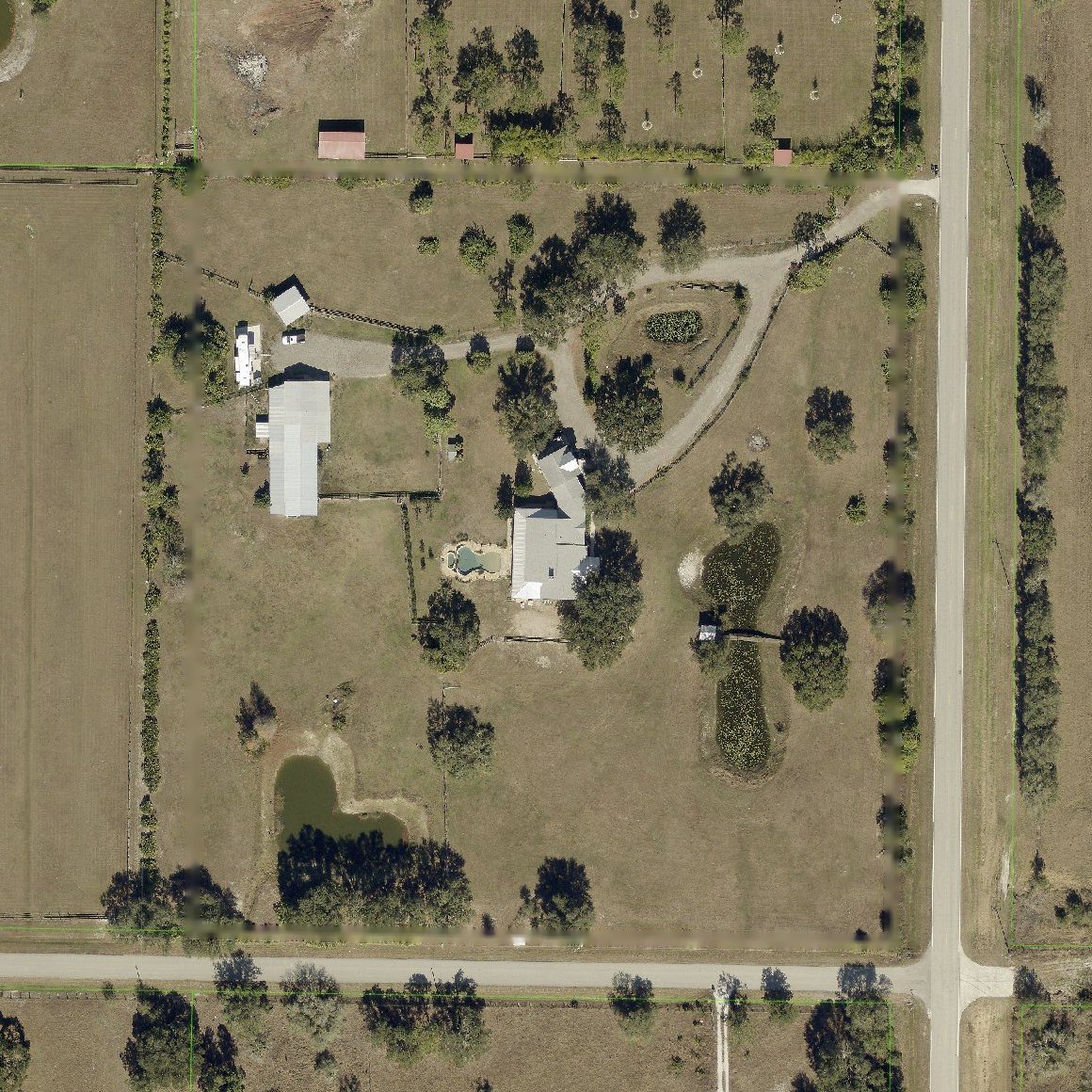 Aerial parcel map of 6808 CR 675 with the 8.55-acre boundary outlined and the residence, barn and three ponds marked